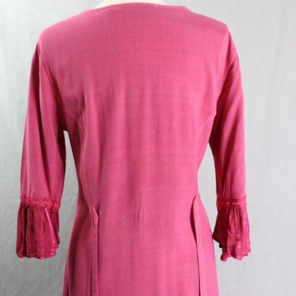 BFA Classic Embroidered Button Front Dress M Boho Fuchsia Rayon Midi Tie Back - Picture 9 of 16